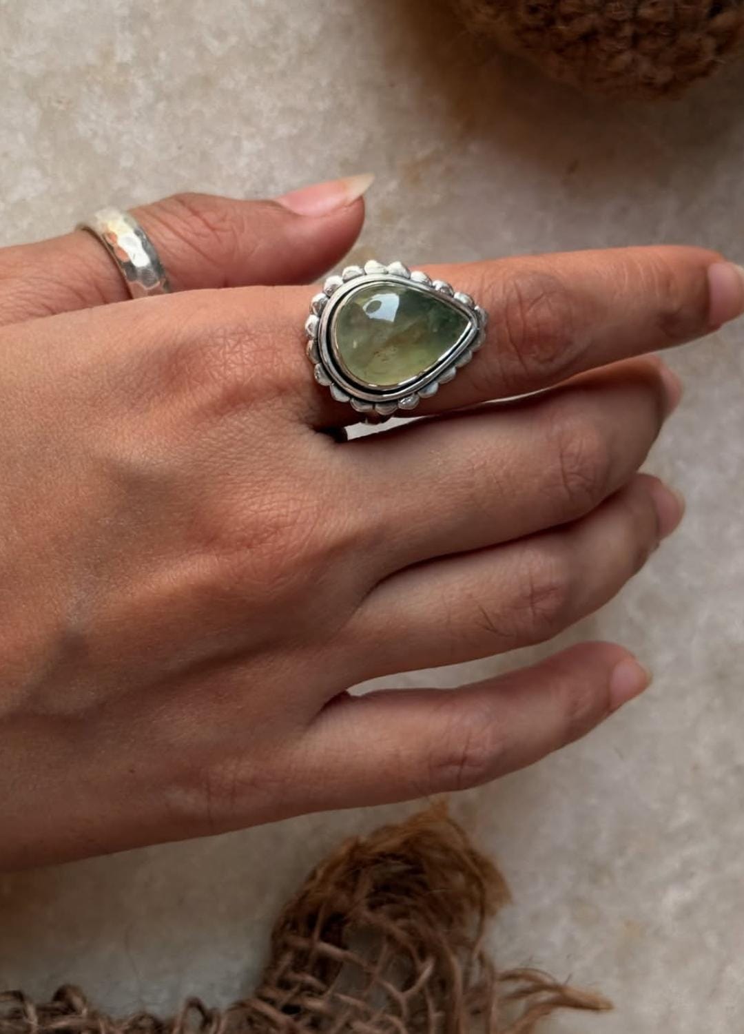 bold boho prehnite pear handcrafted 925 sterling silver ring