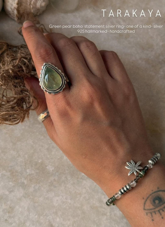 925 sterling silver prehnite pear boho statement ring  