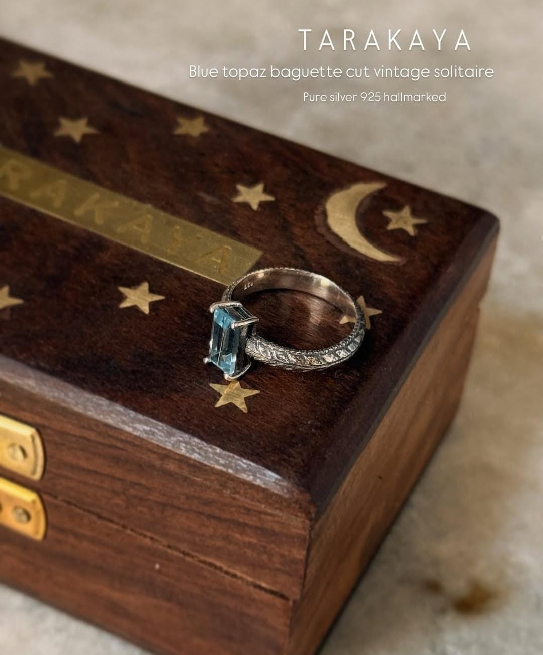 925 sterling silver blue topaz baguette cut vintage solitaire ring  