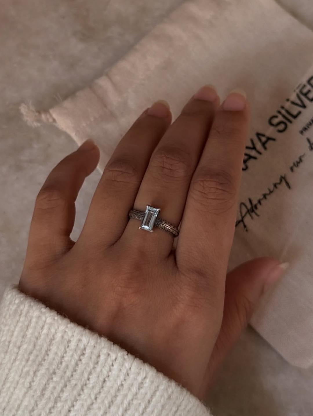 Blue topaz baguette cut solitaire ring in 925 sterling silver