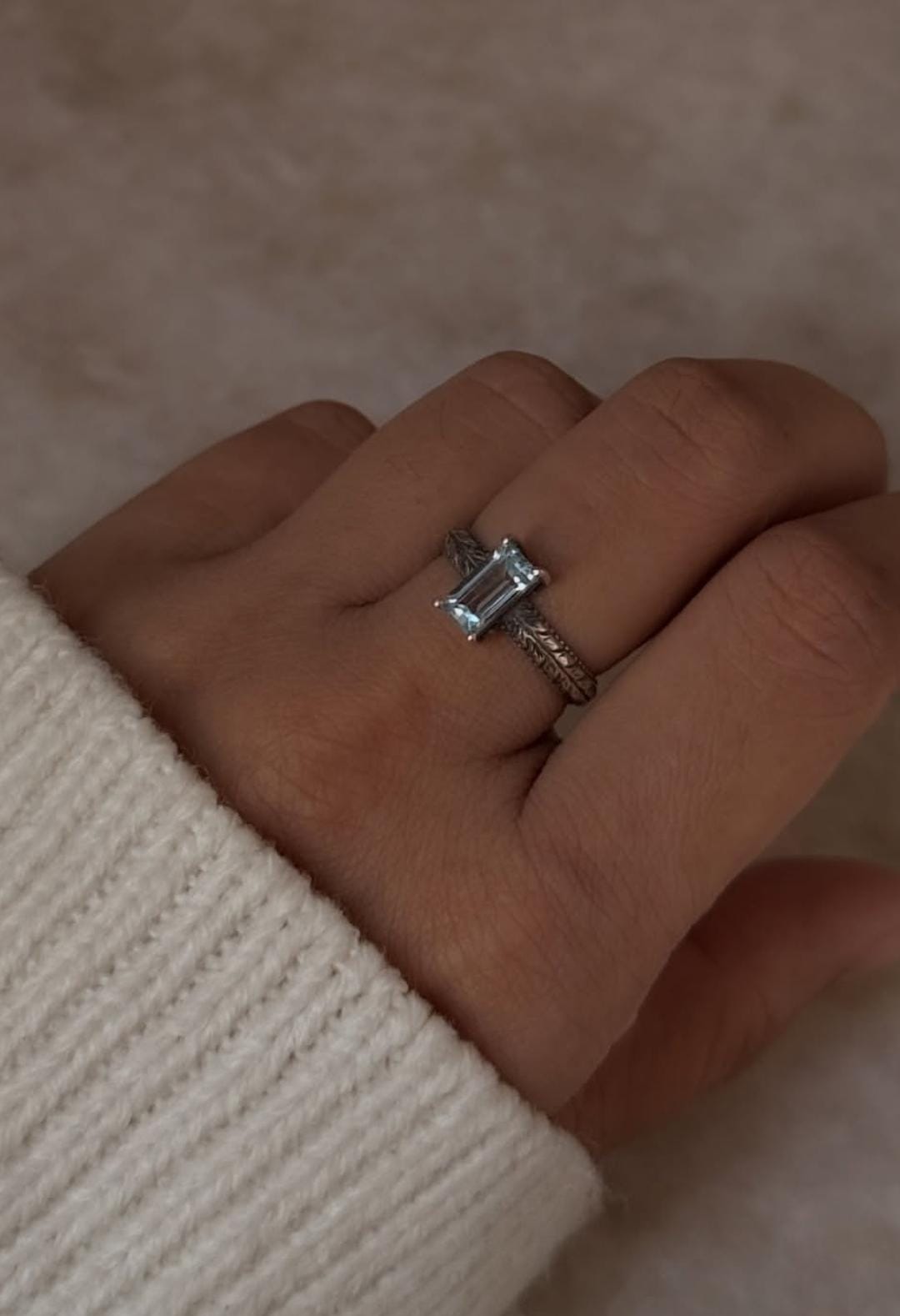 Natural blue topaz baguette cut vintage 925 sterling silver ring  