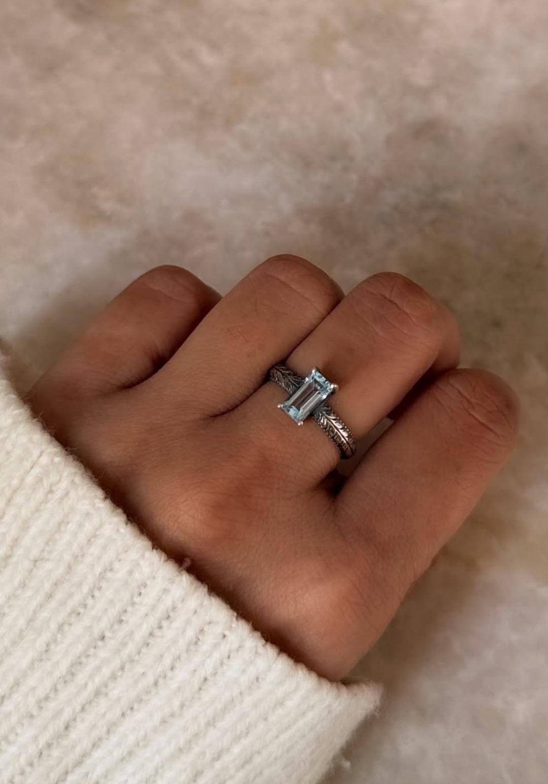 Artisan crafted blue topaz baguette cut solitaire 925 sterling silver ring