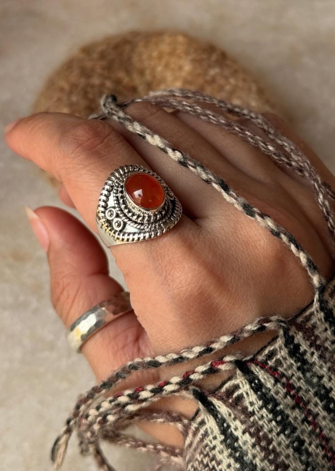 natural carnelian oval gemstone 925 sterling silver boho statement ring  