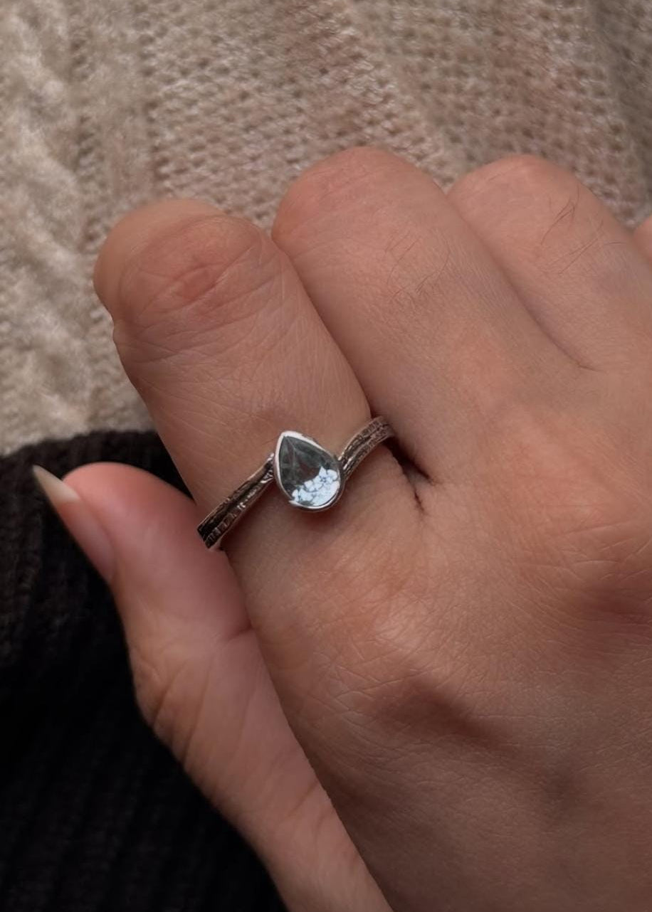 Artisan crafted blue topaz pear solitaire rustic band 925 sterling silver ring