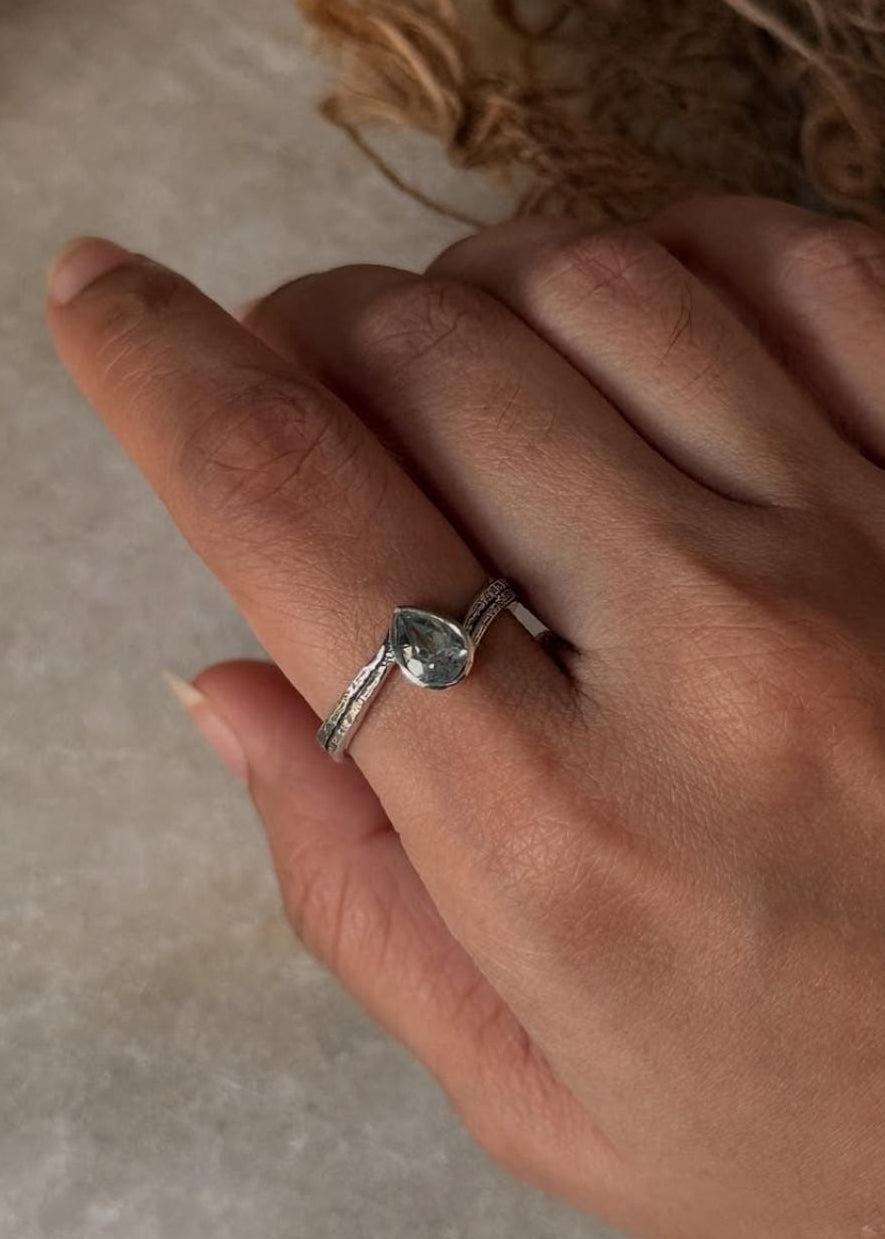 Minimalist blue topaz pear solitaire rustic 925 sterling silver ring