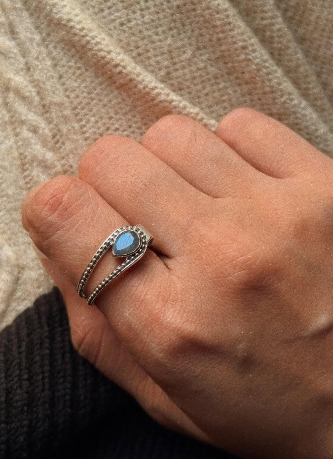 natural labradorite pear gemstone 925 sterling silver double band ring  