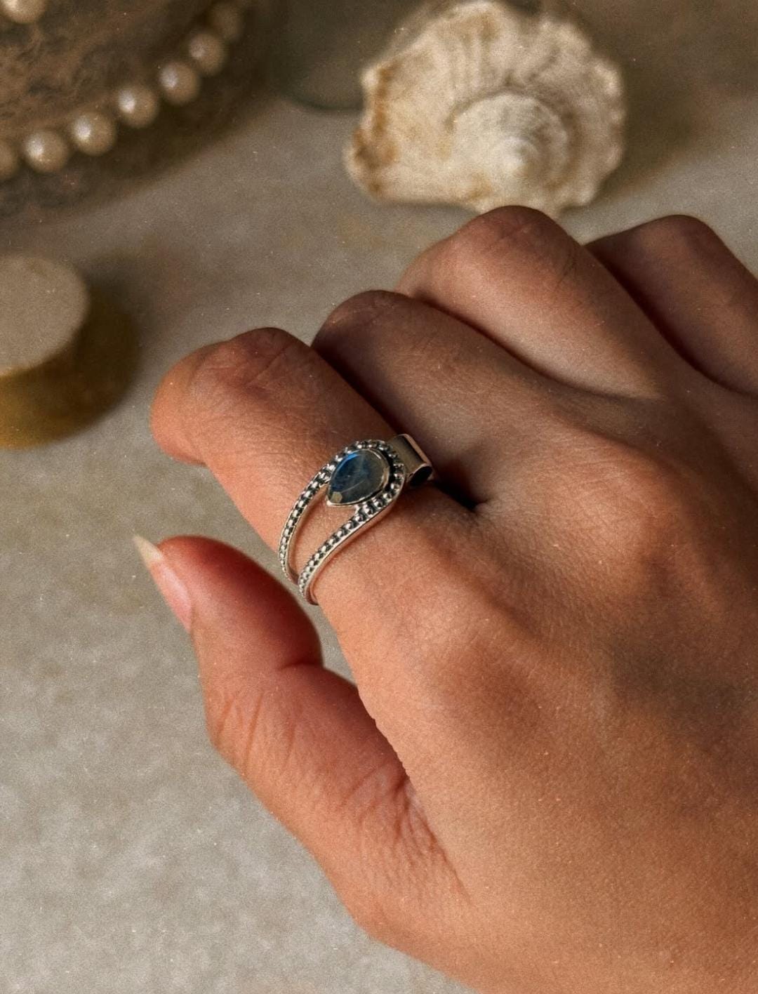 adjustable 925 sterling silver labradorite pear double band ring