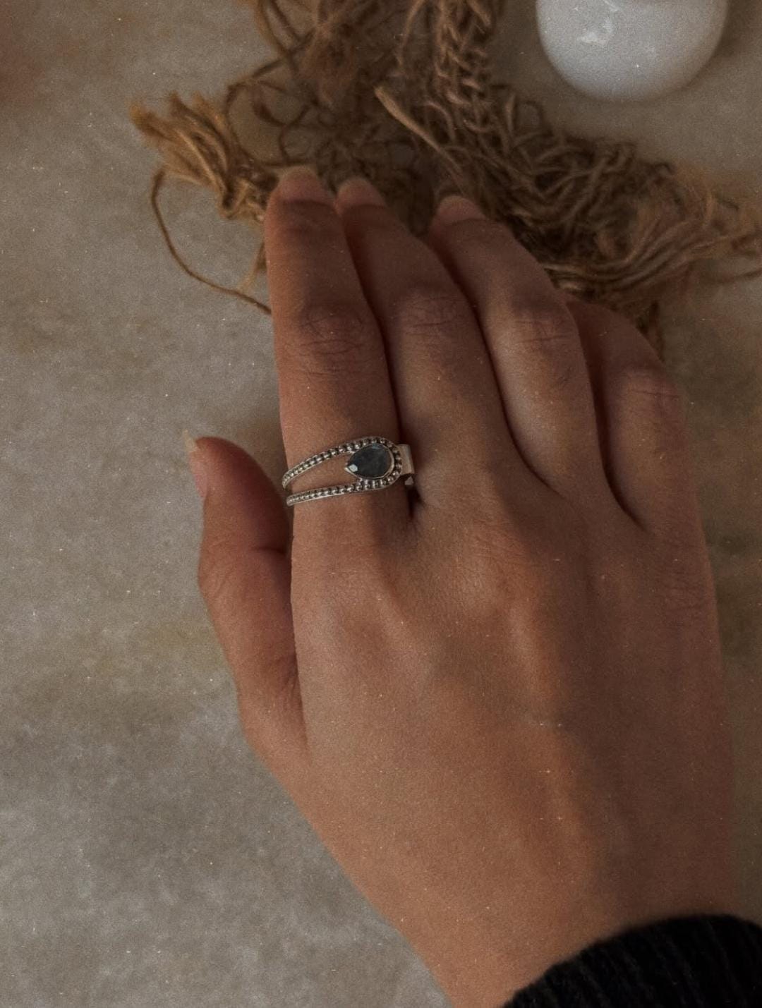 classic 925 sterling silver labradorite pear double band ring