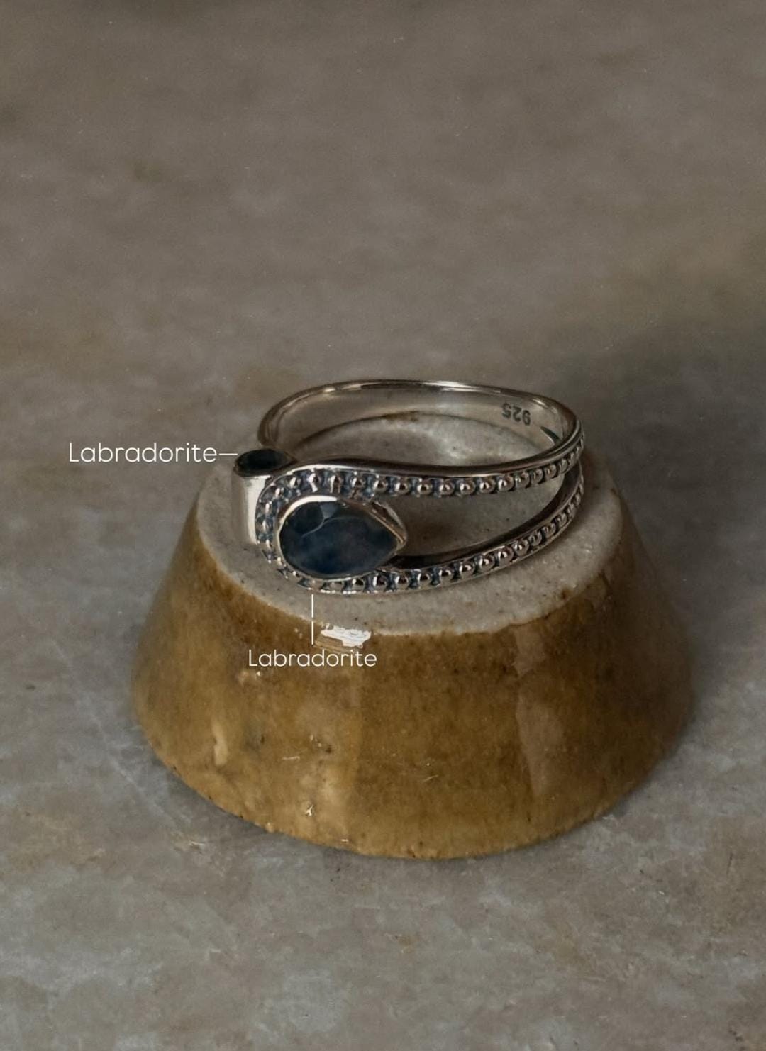 elegant labradorite pear gemstone 925 sterling silver double ring  