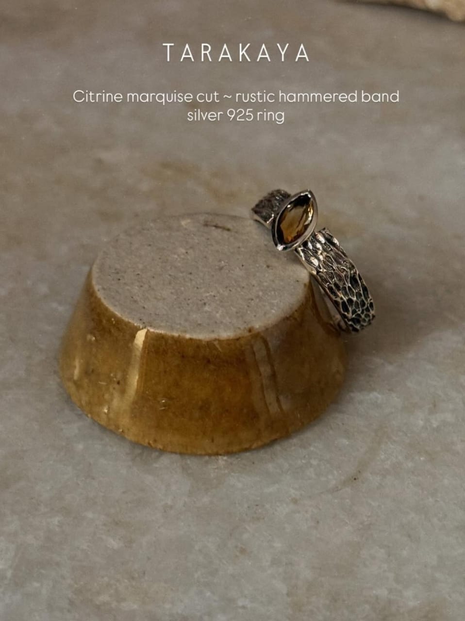 925 sterling silver citrine marquise cut rustic hammered band ring  