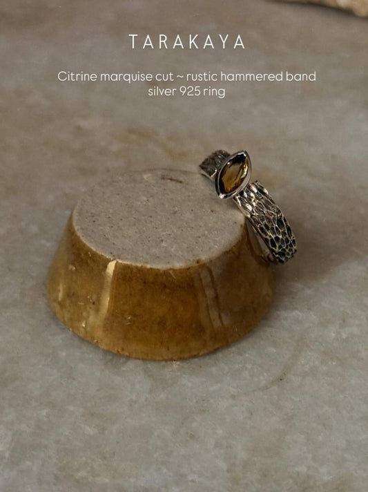 925 sterling silver citrine marquise cut rustic hammered band ring  