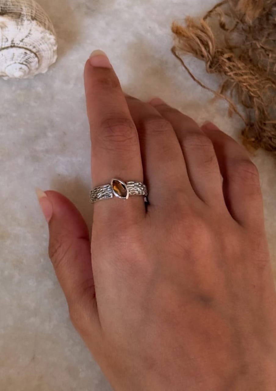 Citrine marquise cut rustic hammered band ring in 925 sterling silver