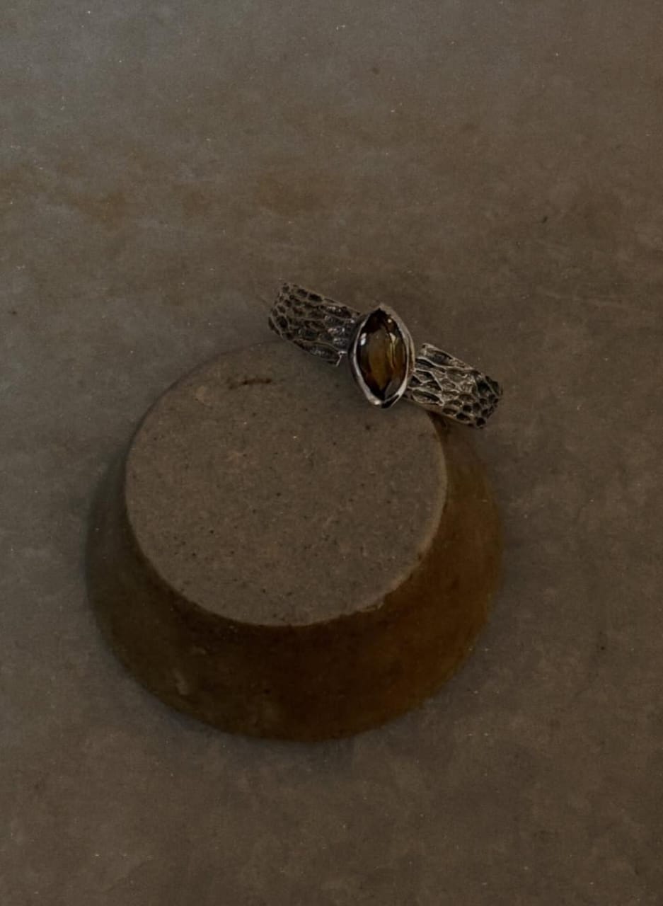 Natural citrine marquise gemstone rustic hammered 925 sterling silver ring  