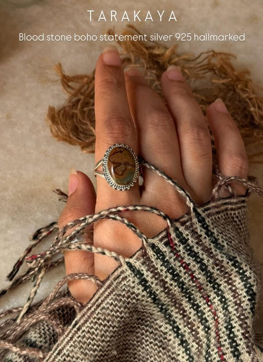 925 sterling silver bloodstone boho oval ring 
