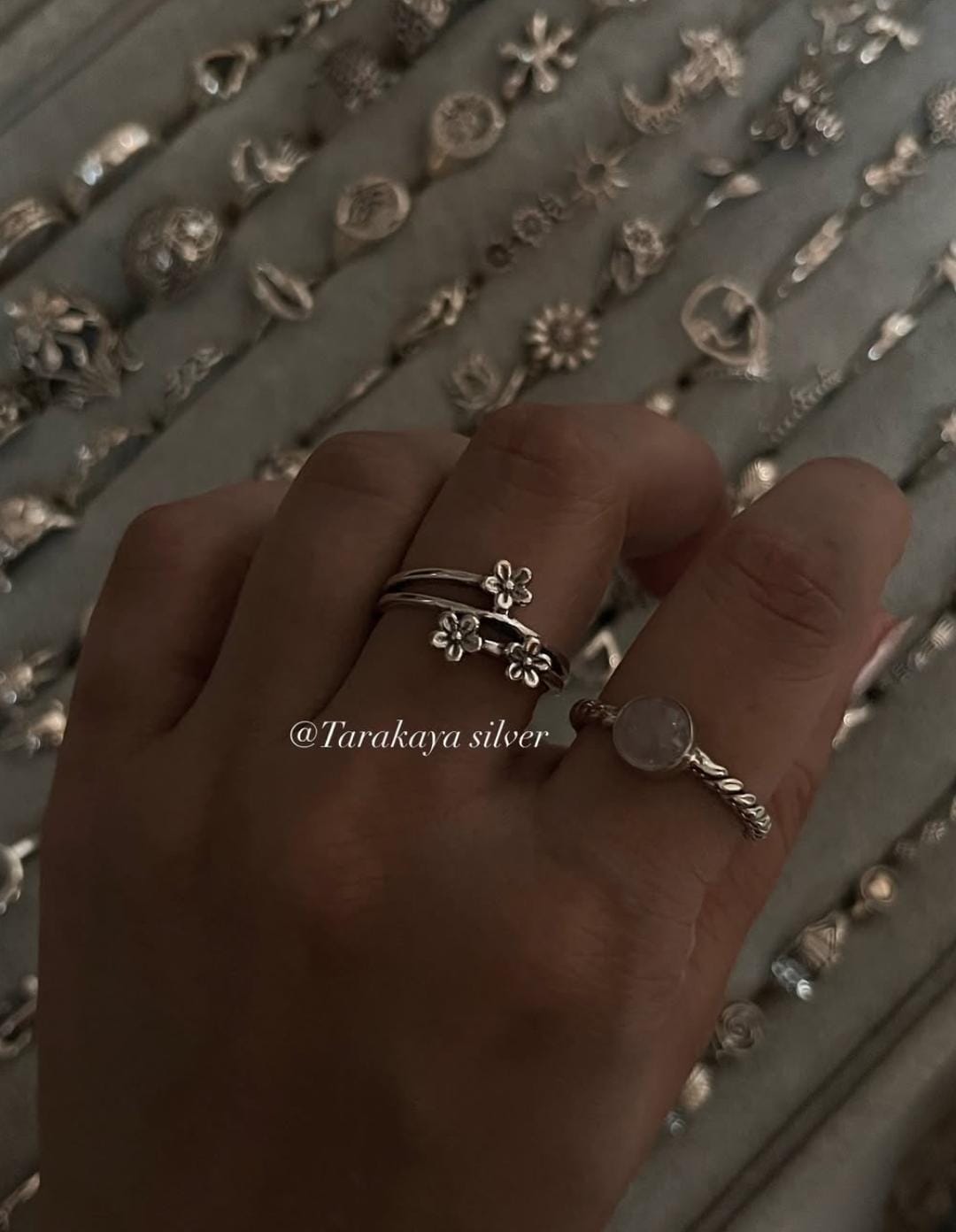 Handmade 925 sterling silver ring with rose quartz and cherry blossom design