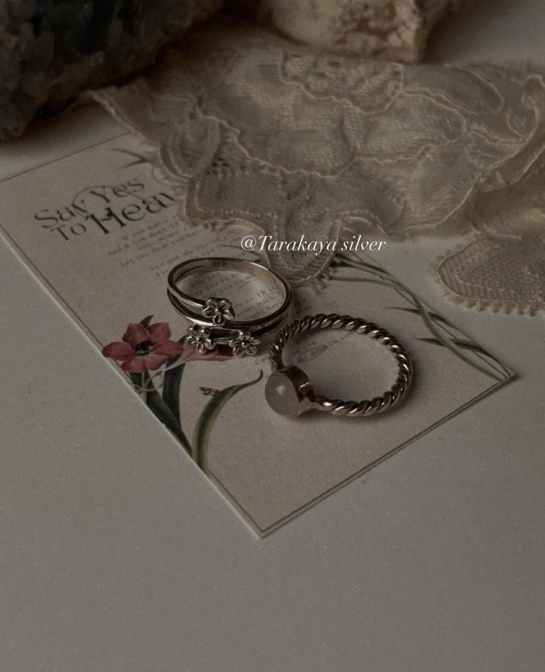 Women's 925 sterling silver rose quartz rope band cherry blossom ring