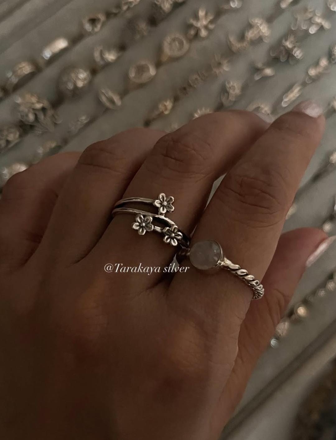 925 Sterling silver cherry blossom ring with rose quartz gemstone