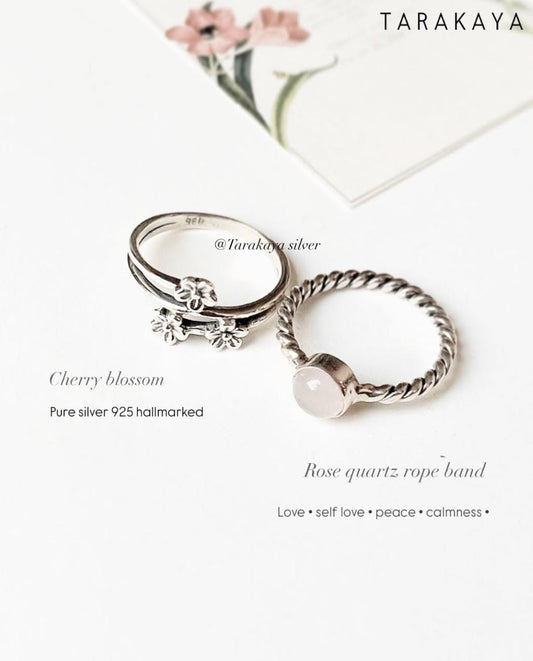 925 Sterling Silver Rose Quartz Rope Band & Cherry Blossom Ring close-up  