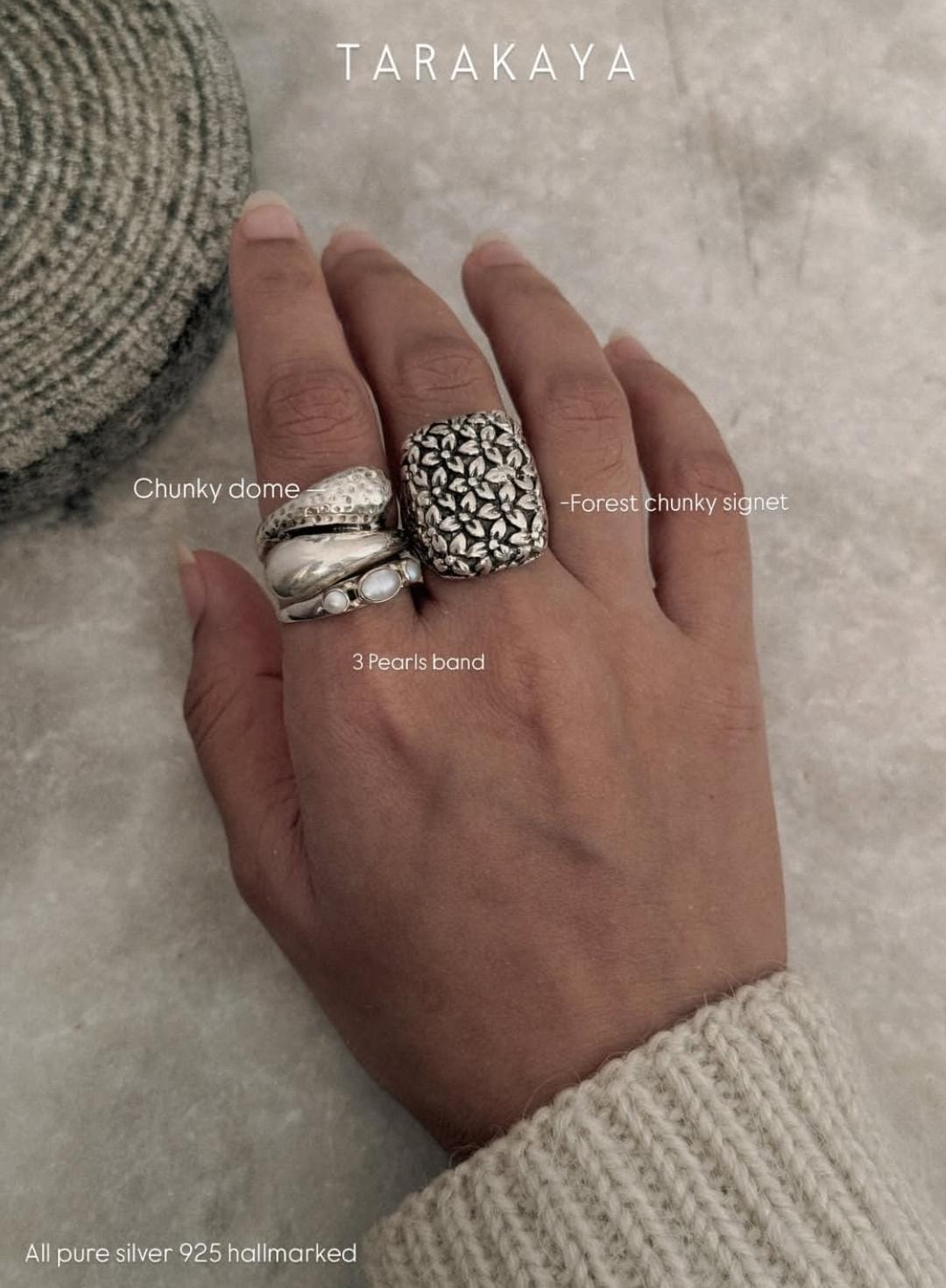 925 Sterling Silver Pearls Chunky Drops Big Floral Signet Ring close-up  