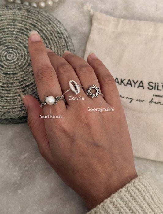 925 Sterling Silver Forest Pearl, Cowrie Seashell & Soorajmukhi Ring close-up  