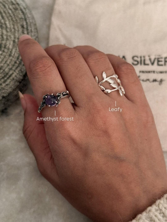 925 Sterling Silver Amethyst Forest Enchantment & Willow Leafy Ring close-up  