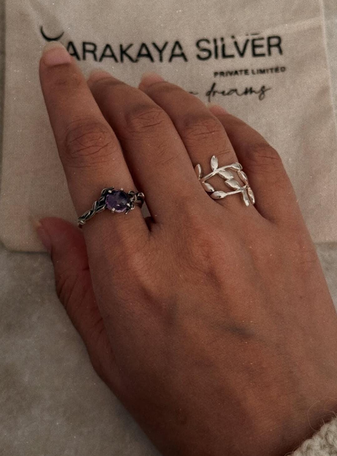 Elegant 925 sterling silver ring featuring amethyst, forest motifs, and willow leaves