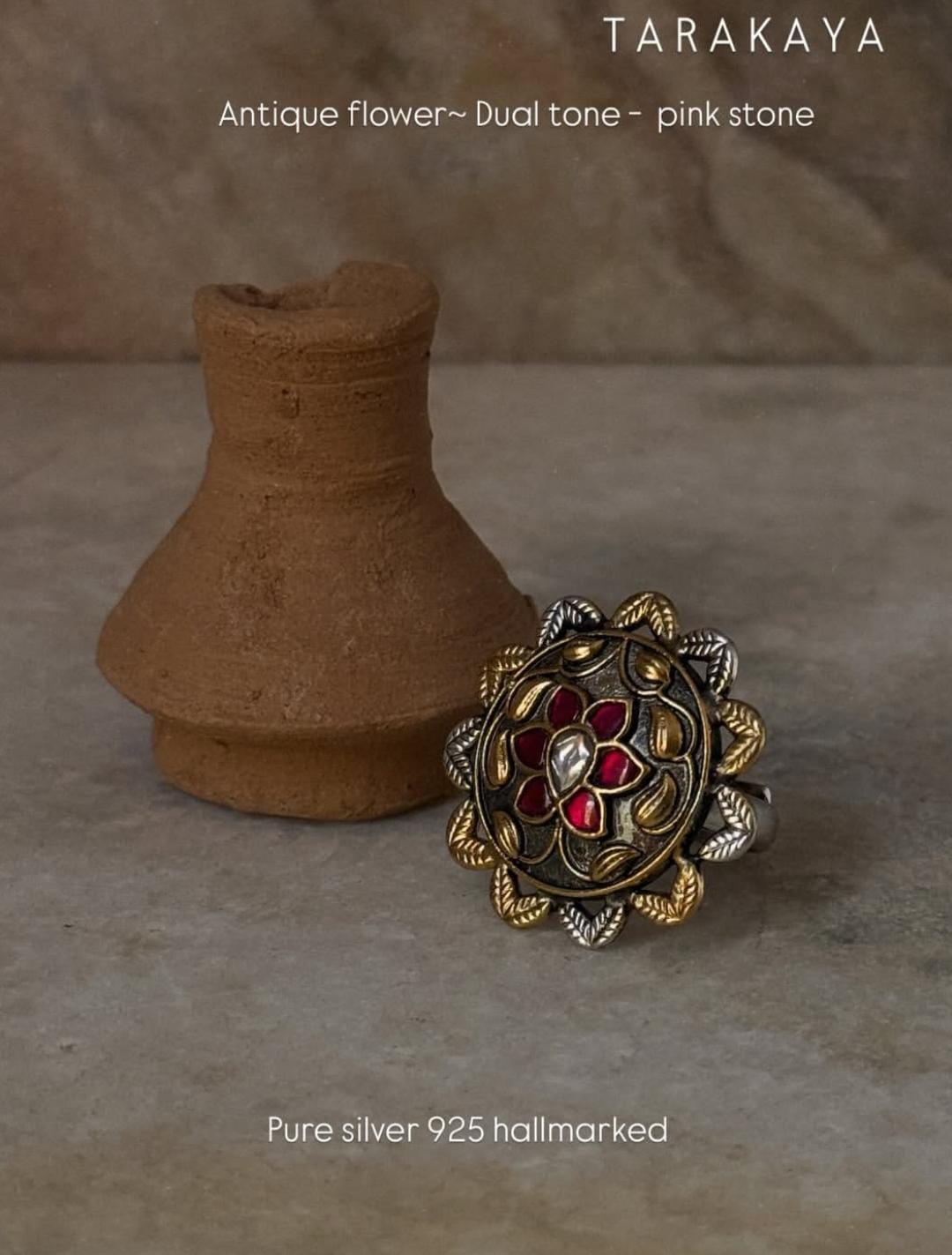 925 sterling silver antique pink and white dual tone flower adjustable ring  