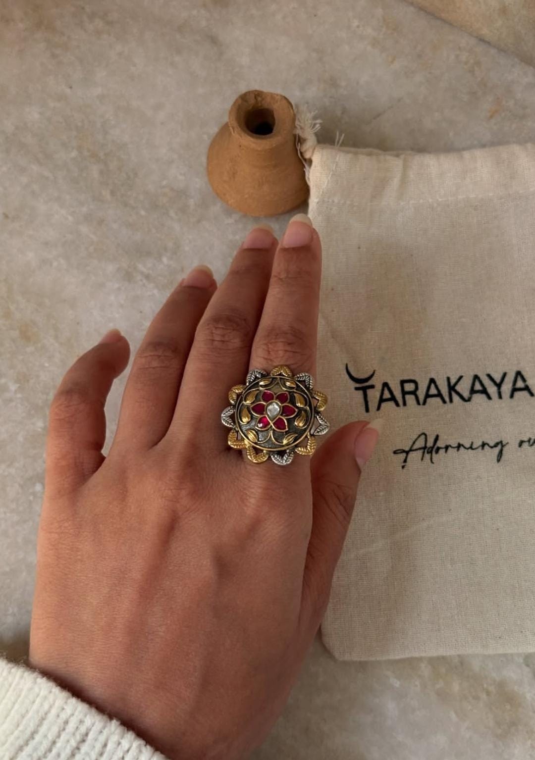 artisan 925 sterling silver antique dual tone floral ring