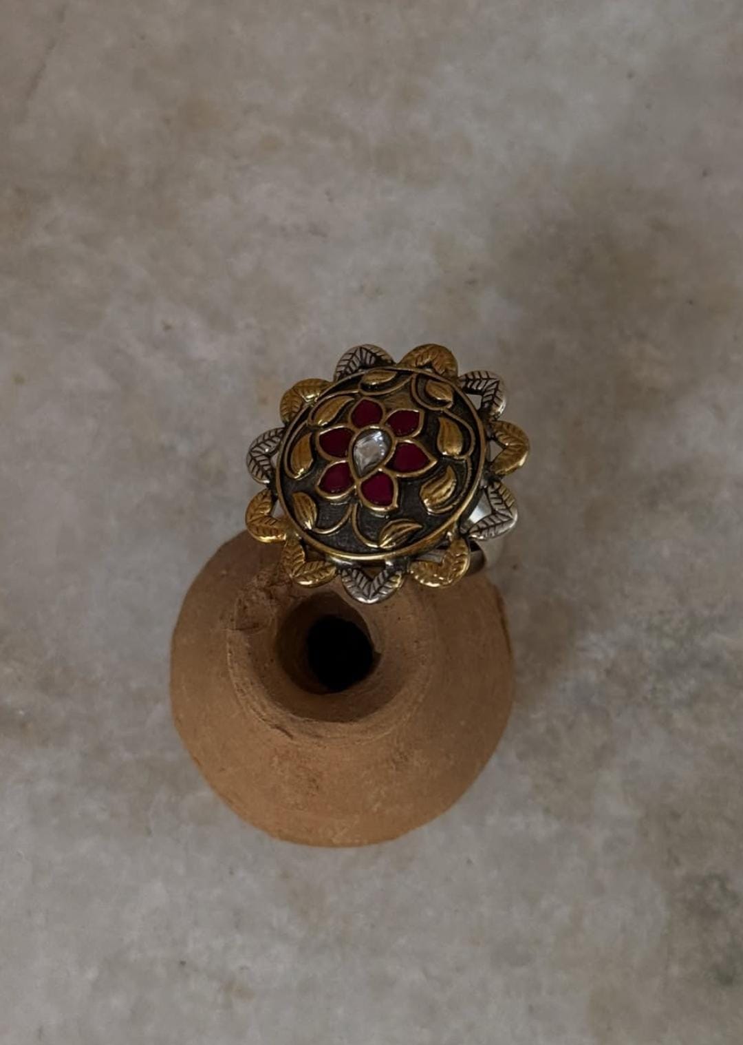 vintage style 925 sterling silver pink white flower adjustable ring  