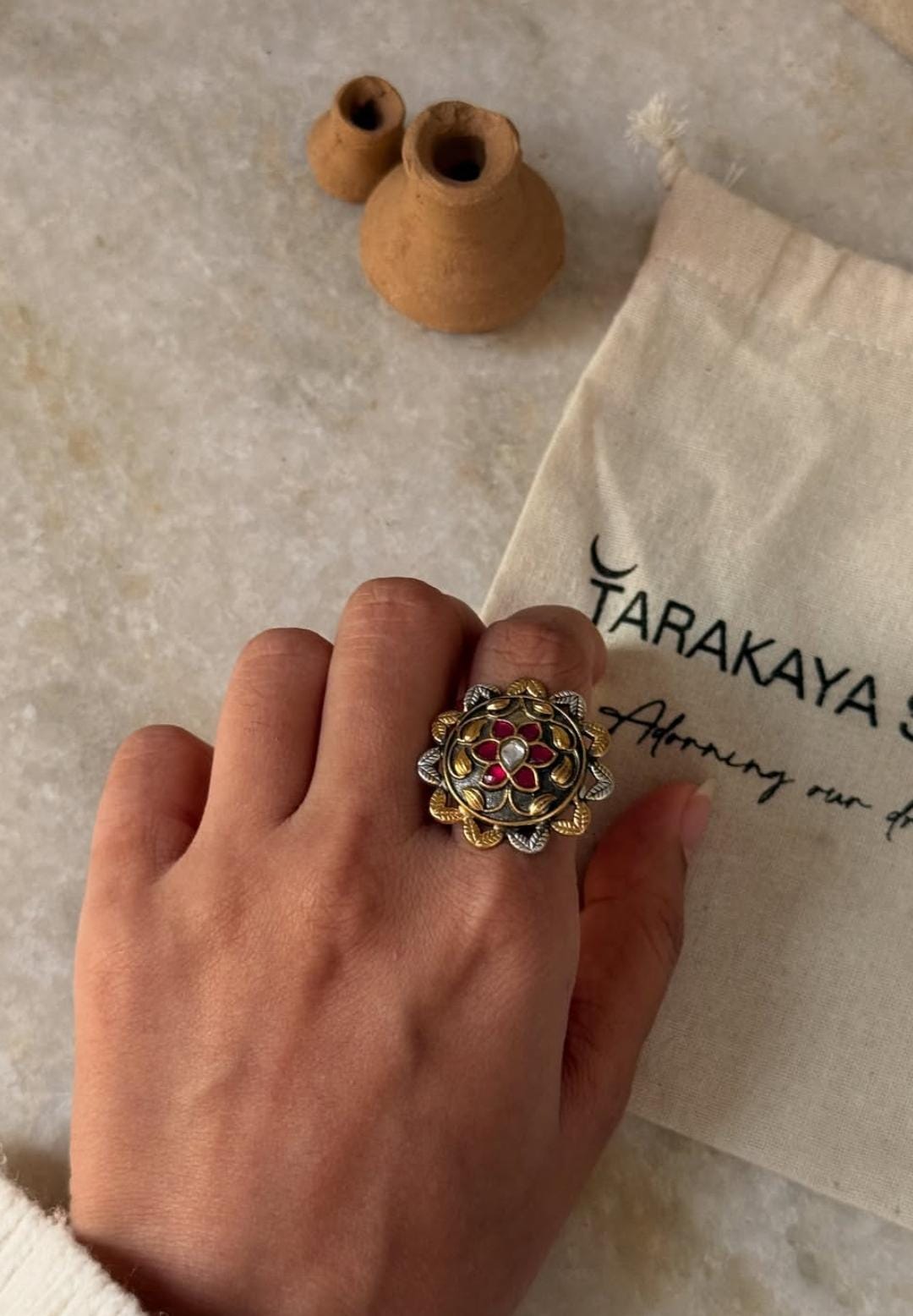 handcrafted 925 sterling silver dual tone flower adjustable ring