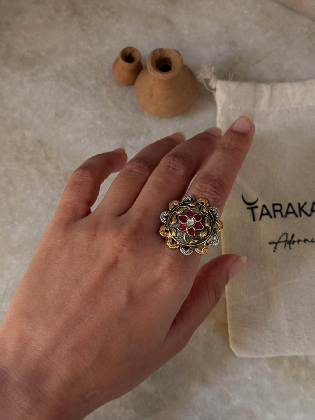 floral design antique dual tone 925 sterling silver ring  