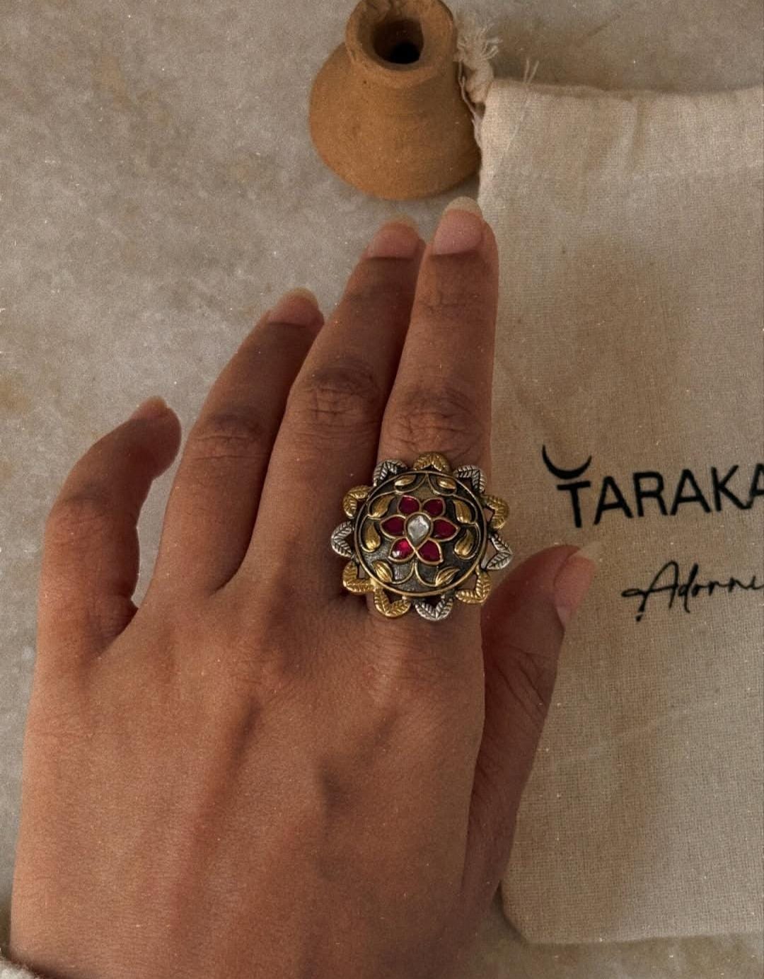 adjustable 925 sterling silver antique dual tone flower ring