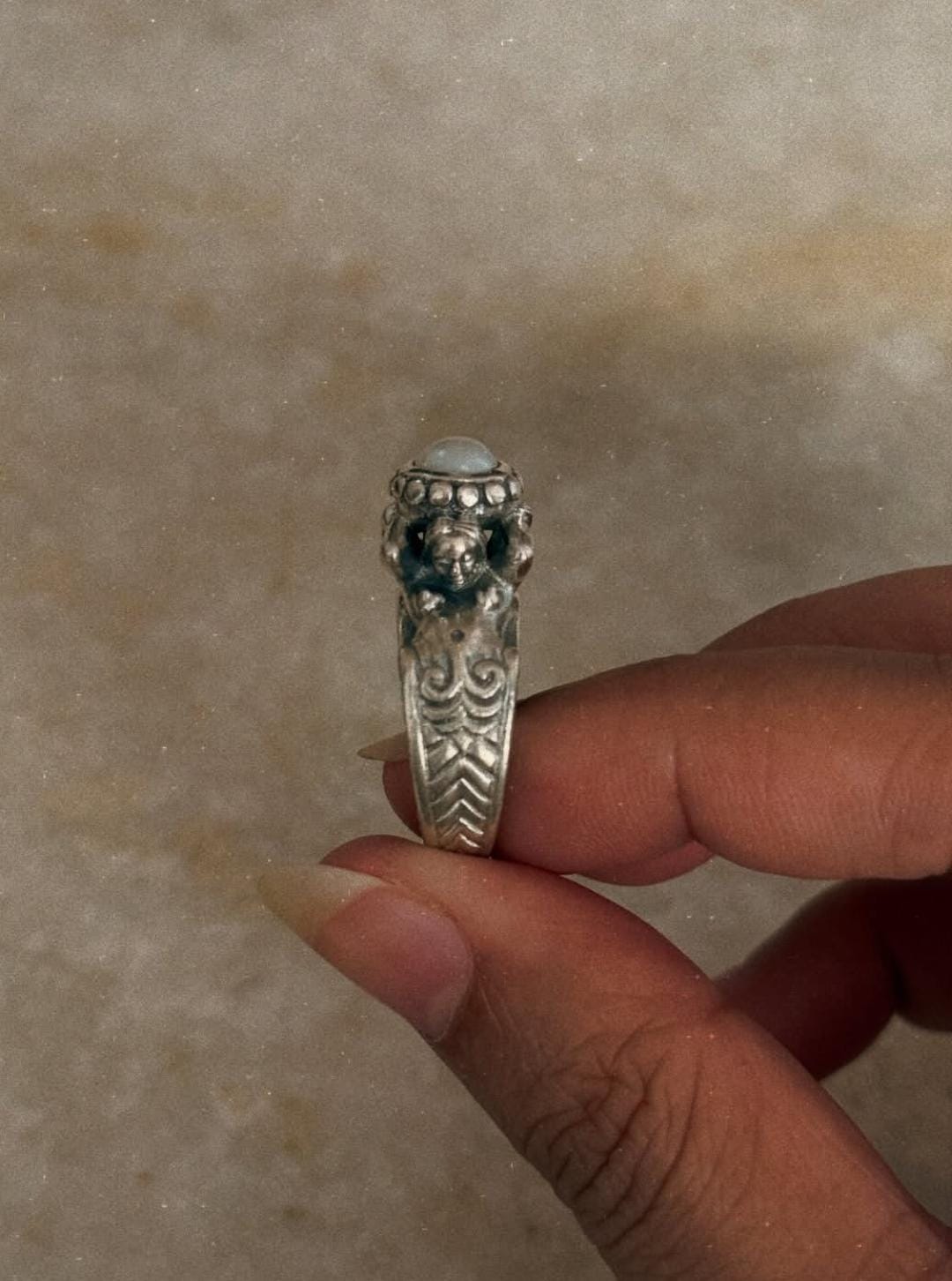 elegant twin sirens pearl 925 sterling silver ocean mythology ring