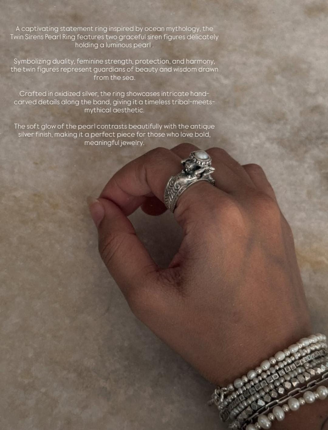 classic 925 sterling silver twin sirens pearl ring