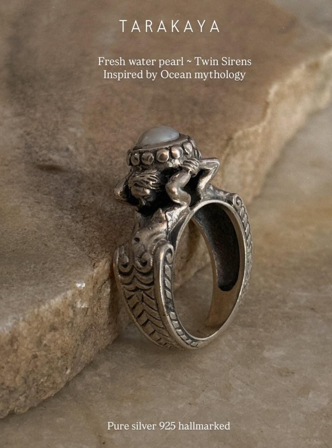 925 sterling silver twin sirens pearl ocean mythology ring  