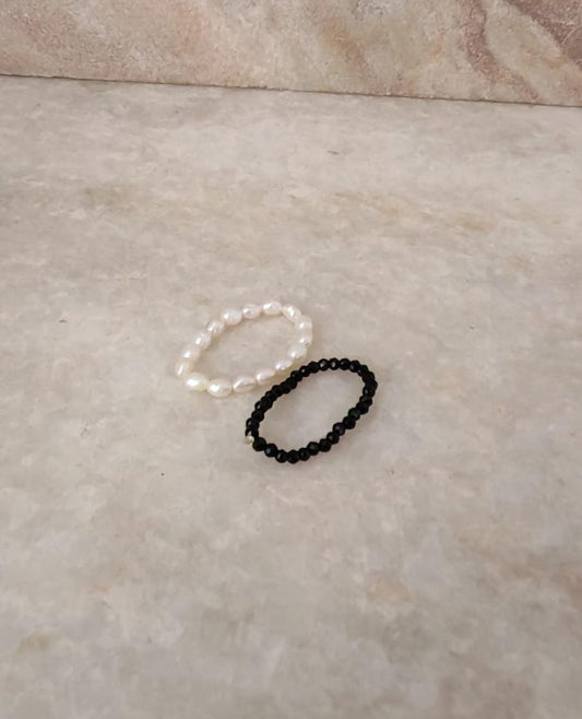 Natural Crystal Stretchy Fresh Water Pearl & Black Spinel Rings