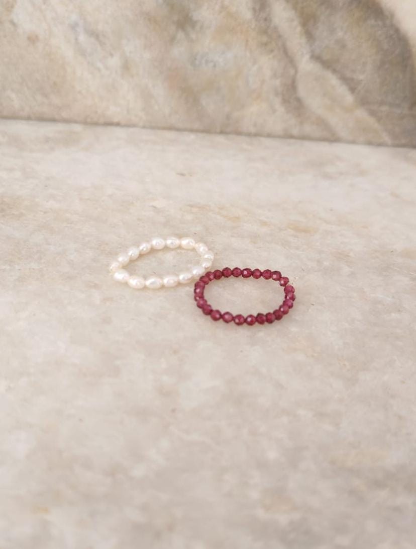 Natural Crystal Stretchy Fresh Water Pearl & Garnet Rings