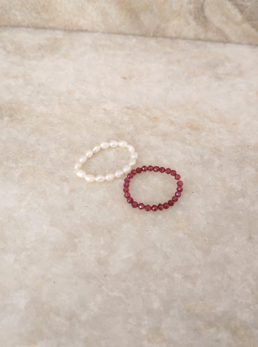 Natural Crystal Stretchy Fresh Water Pearl & Garnet Rings