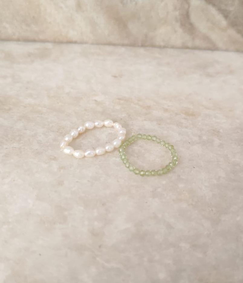 Natural Crystal Stretchy Fresh Water Pearl & Peridot Rings