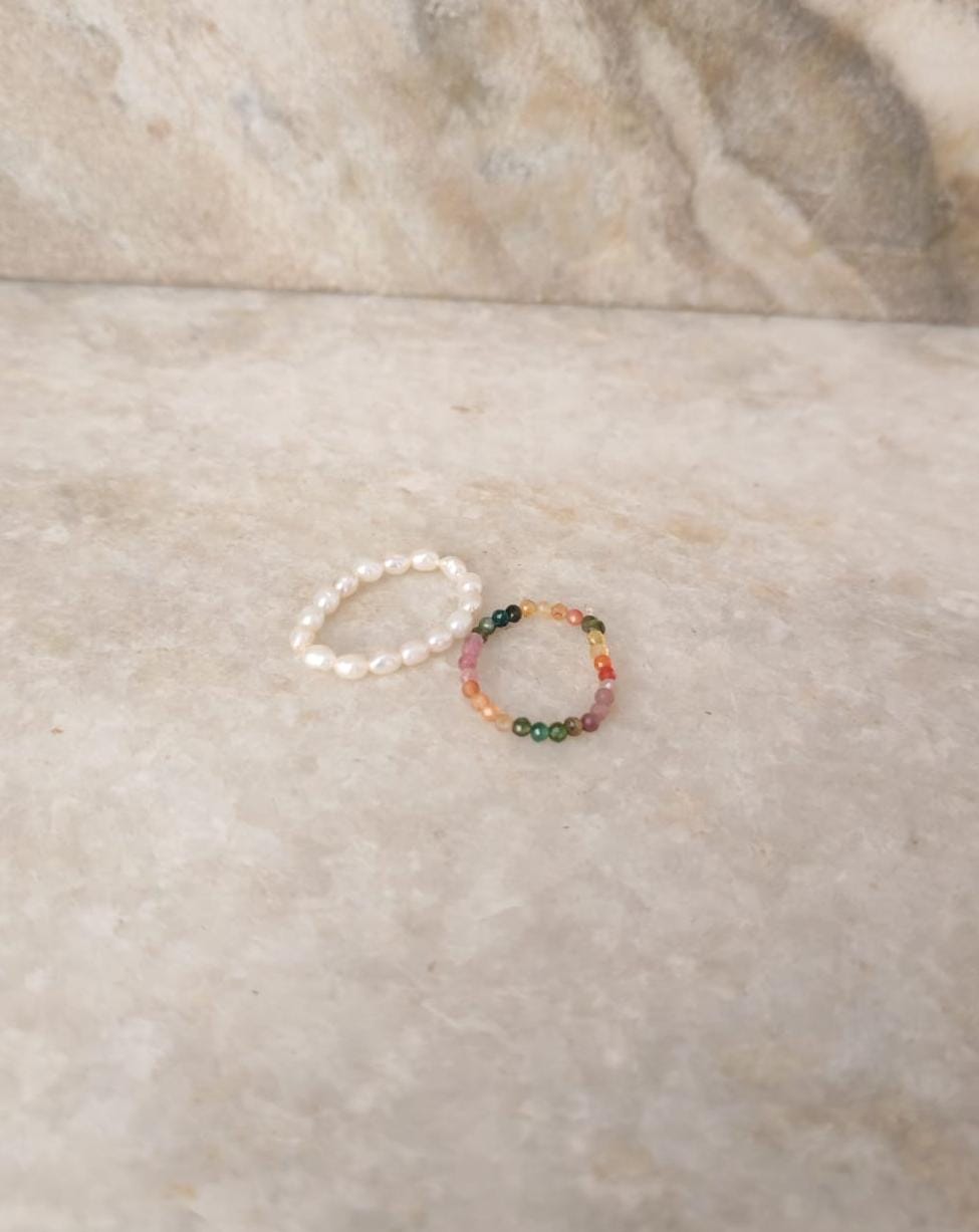 Natural Crystal Stretchy Fresh Water Pearls & Multi Tourmaline Rings