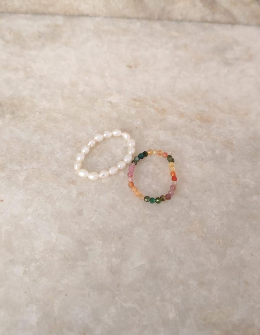 Natural Crystal Stretchy Fresh Water Pearls & Multi Tourmaline Rings