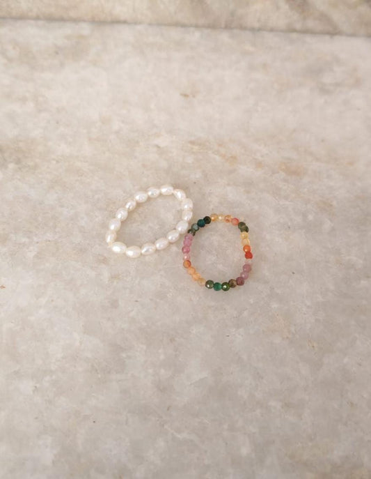 Natural Crystal Stretchy Fresh Water Pearls & Multi Tourmaline Rings