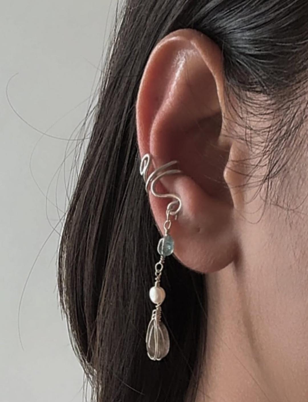 925 Sterling Silver Labradorite, Apatite & Fresh Water Pearl Spiral Handcrafted Ear Cuff