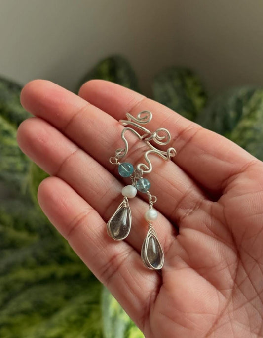 925 Sterling Silver Labradorite, Apatite & Fresh Water Pearl Spiral Handcrafted Ear Cuff