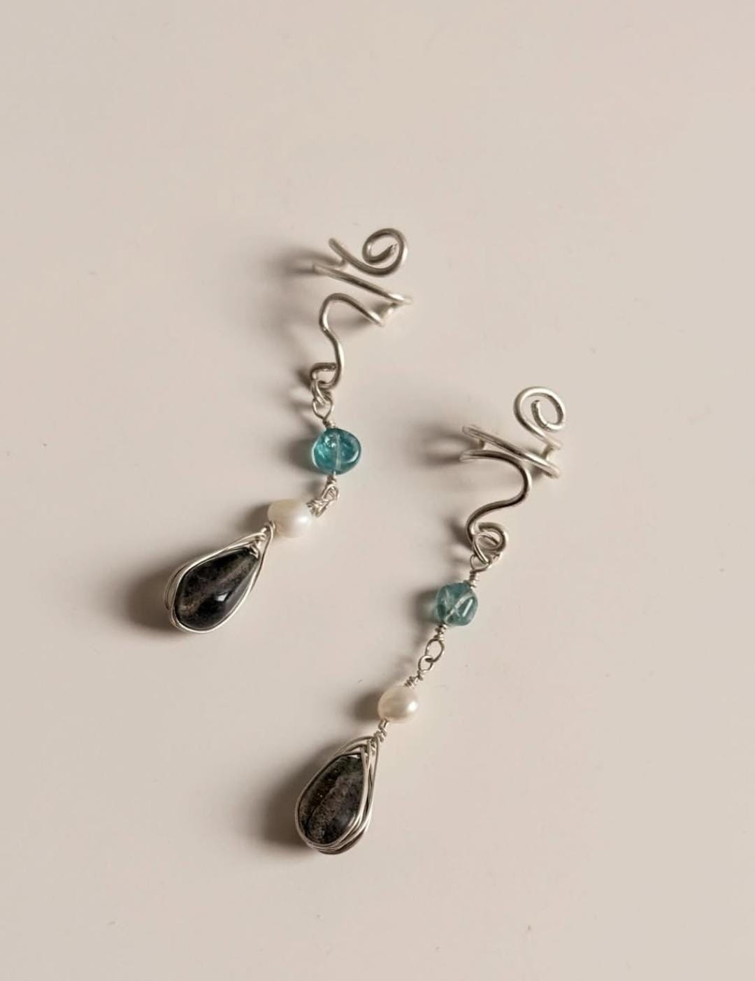 925 Sterling Silver Labradorite, Apatite & Fresh Water Pearl Spiral Handcrafted Ear Cuff