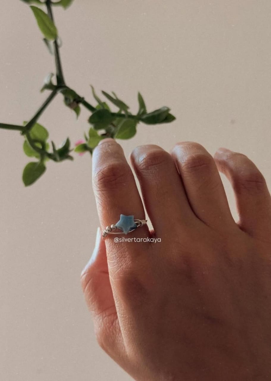 925 Sterling Silver Blue Opal Star Wire Wrapped Handcrafted Ring