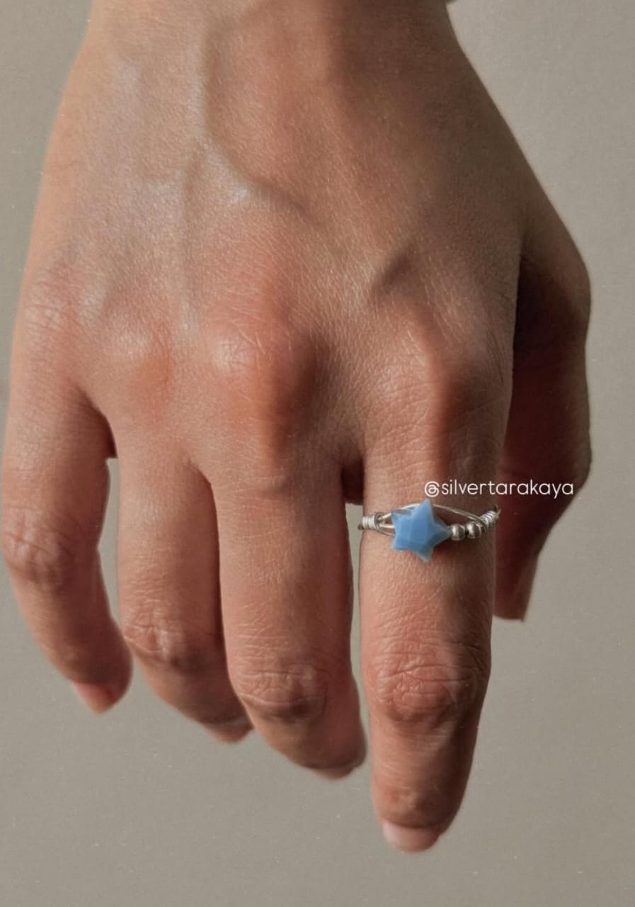 925 Sterling Silver Blue Opal Star Wire Wrapped Handcrafted Ring