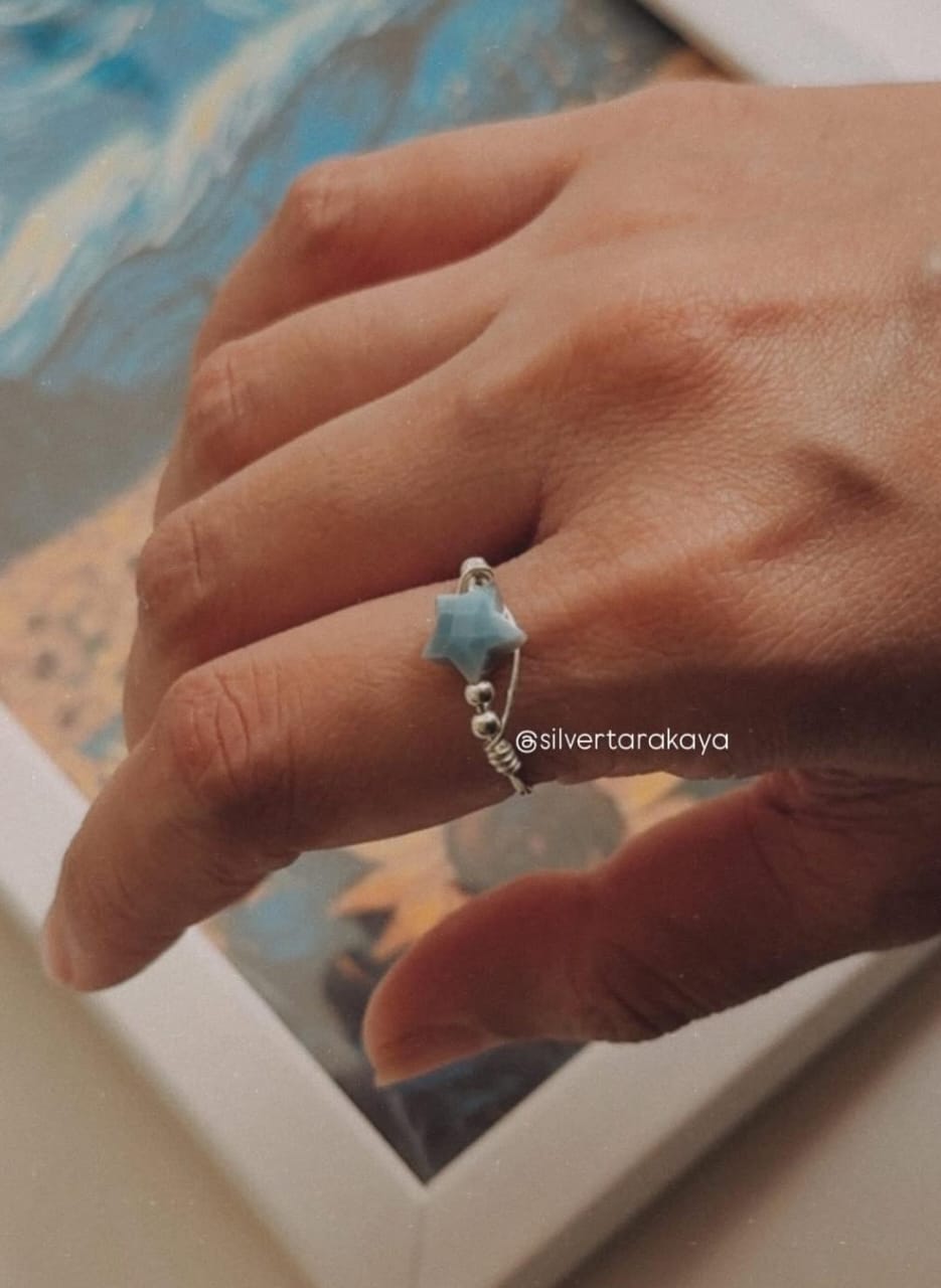 925 Sterling Silver Blue Opal Star Wire Wrapped Handcrafted Ring