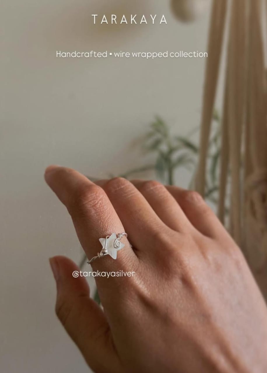 925 Sterling Silver Mother Of Pearl Star Wire Wrapped Handcrafted Ring