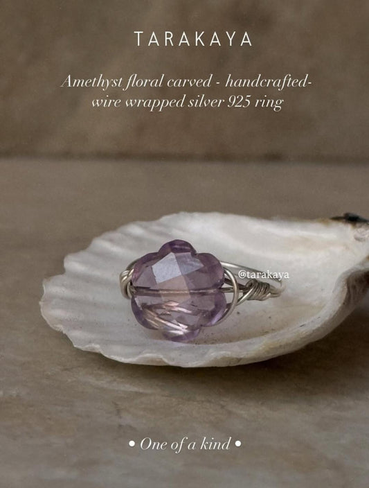 925 Sterling Silver Amethyst Flower Wire Wrapped Handcrafted Ring